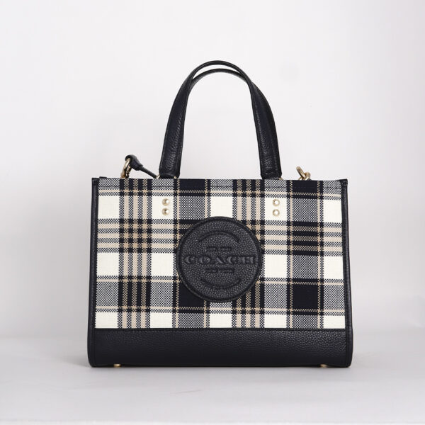 dempsey carryall with garden plaid print and coach patch