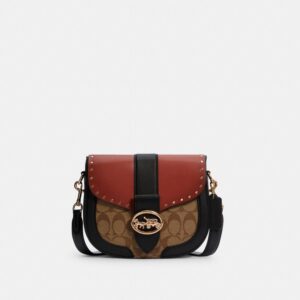 COACH GEORGIE SADDLE BAG IN COLORBLOCK SIGNATURE CANVAS WITH RIVETS