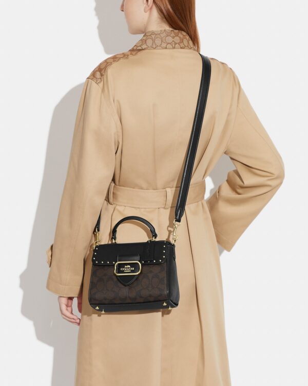 coach morgan top handle satchel in colorblock signature canvas with rivets