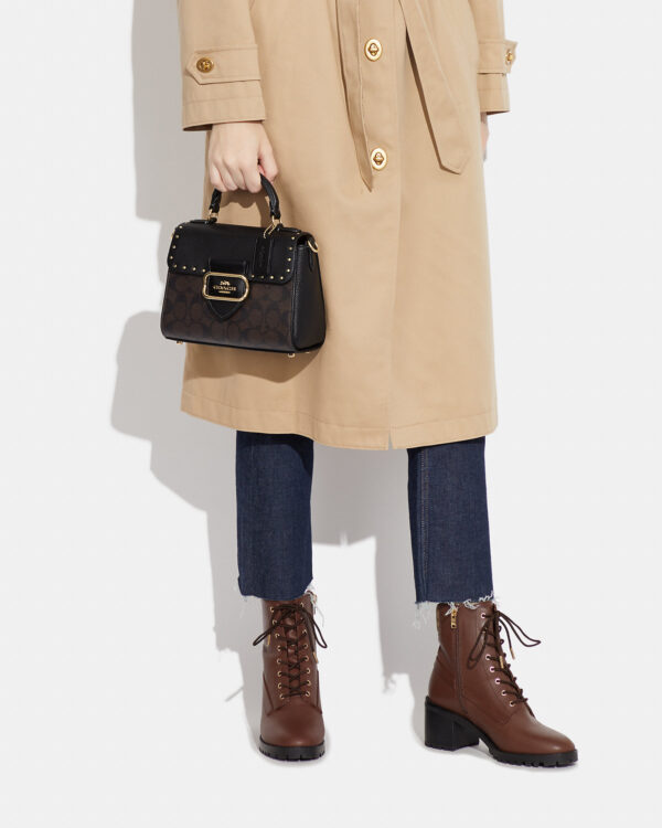 coach morgan top handle satchel in colorblock signature canvas with rivets