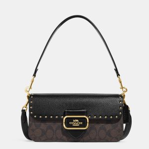 coach morgan shoulder bag in colorblock signature canvas with rivets