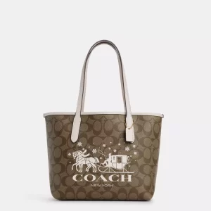 coach mini city tote in signature canvas with horse and sleigh