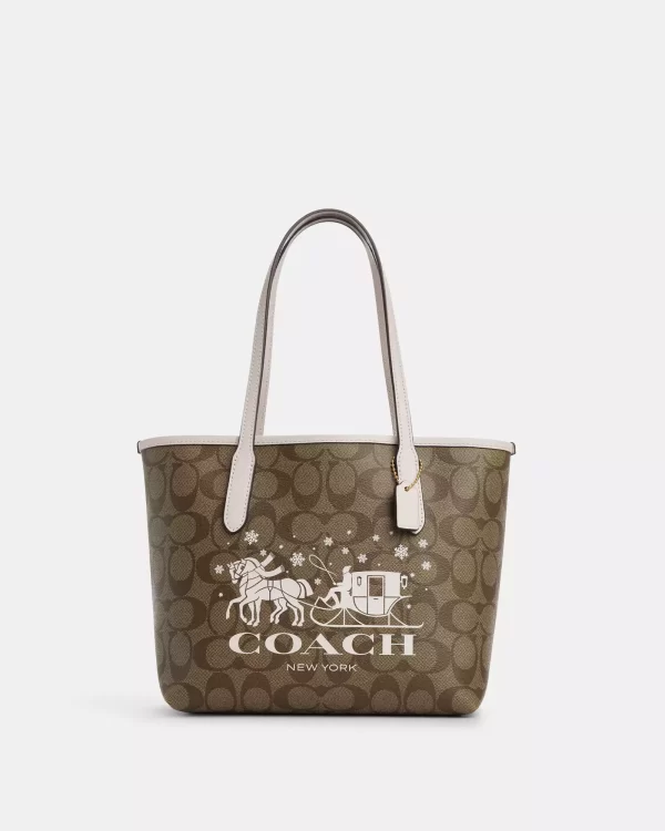 coach mini city tote in signature canvas with horse and sleigh