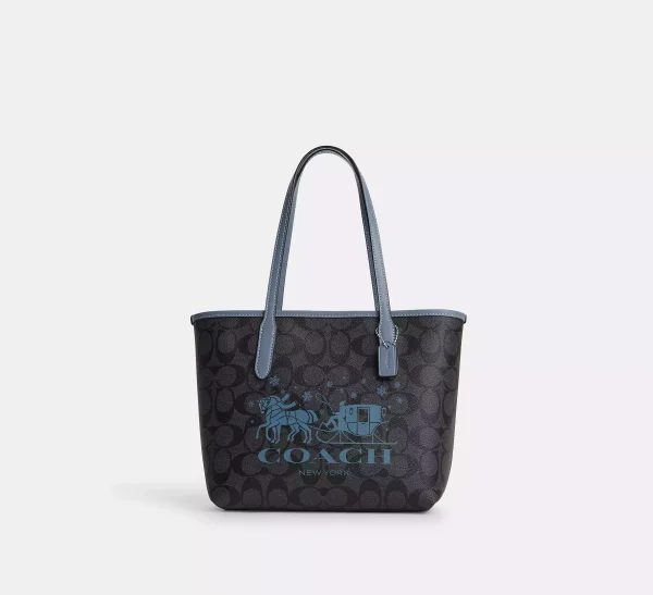 coach mini city tote in signature canvas with horse and sleigh